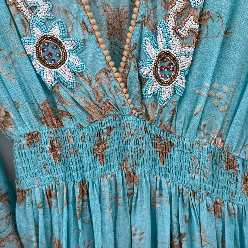 Bohemian Leoni Al Sole by Giacono Cirque Turquoise Beaded Maxi Dress w/ Pom Poms - Picture 13 of 14